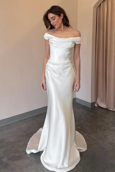 Mermaid Off the Shoulder Stretch Satin Long Wedding Dress AB26072413