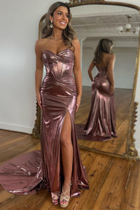 Sparkly Mermaid Sweetheart Satin Long Prom Dresses with Slit AB24102210