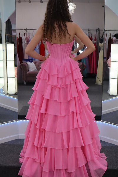 Cute A Line Scoop Neck Pink Chiffon Tiered Prom Dress with Slit AB26012414