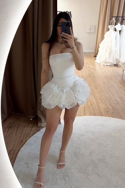 A Line Strapless Elastic Satin Short Wedding Dress with 3D Flowers AB26061506