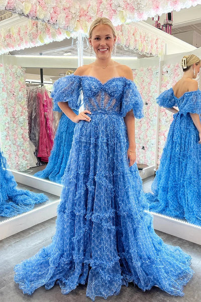 Blue A-Line Corset Long Tulle Floral Prom Dress with Ruffles AB4042803