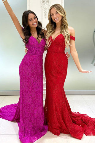 Red Off the Shoulder Lace Mermaid Long Prom Dresses AB4021804