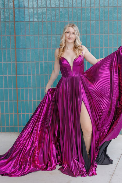 Cute A Line V Neck Purple Satin Prom Dress with Slit AB25111407