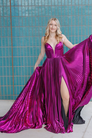 Cute A Line V Neck Purple Satin Prom Dress with Slit AB25111407