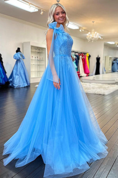 Cute A Line One Shoulder Blue Tulle Prom Dress with Appliques AB4011704