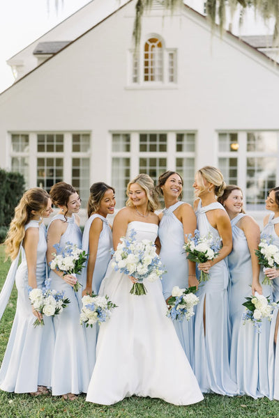 Sheath Halter Neck Baby Sky Blue Chiffon Prom Dress with Slit AB26040803