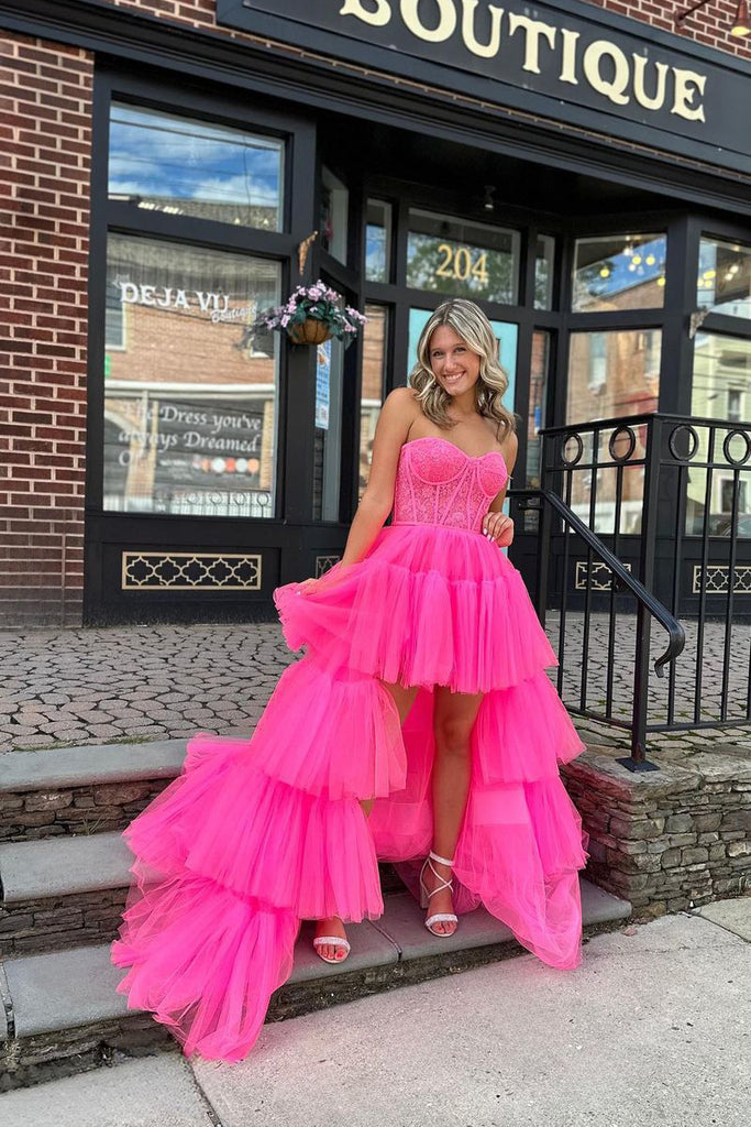 Cute Ball Gown High Low Sweetheart Hot Pink Tulle Long Prom Dress AB120402 Anniebride Cute Ball Gown High Low Sweetheart Hot Pink Tulle Long Prom Dress AB120402 Anniebride