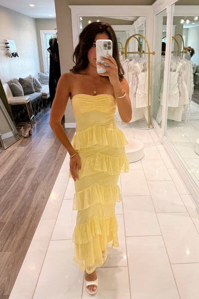 Sheath Strapless Yellow Chiffon Wedding Guest Dress Evening Dress AB26061508