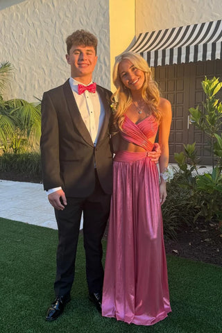 Cute A Line V Neck Pink Metallic Satin Long Prom Dress AB25012504