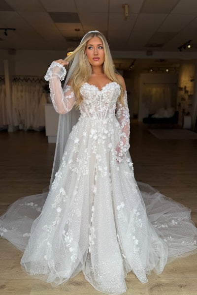 Gorgeous A Line Sweetheart Glitter Tulle Wedding Dress with Appliques AB26051701