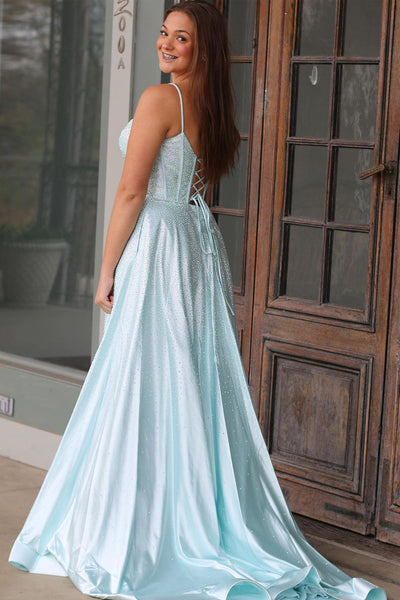 Cute A Line V Neck Mint Satin Long Prom Dress with Beading AB112605