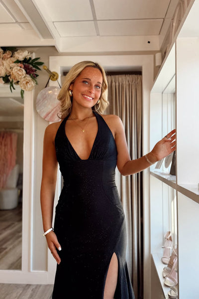 Elegant Mermaid V Neck Black Elastic Satin Long Prom Dress with Slit AB26020501