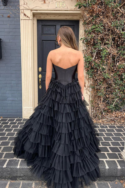 Cute Ball Gown Sweetheart Black Tulle Long Prom Dresses with Slit AB092103