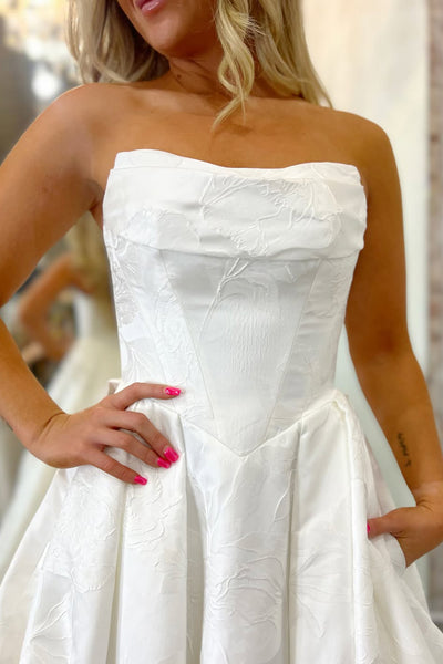Elegant A Line Scoop Neck Jacquard Satin Wedding Dress with Pockets AB26012911