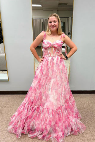 Cute A Line Sweetheart Pink Printed Chiffon Long Prom Dresses AB24110211