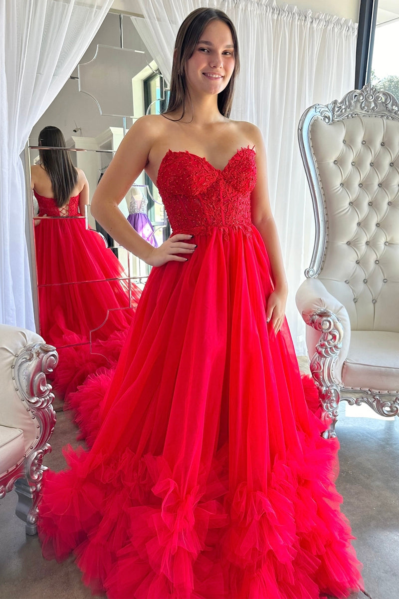 Cute Ball Gown Gown Red Tulle Prom Dresses with Appliques AB121901