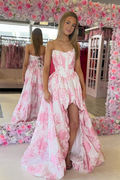 Cute A Line High-Low Strapless Light Pink Floral Printed Satin Prom Dress AB26041704