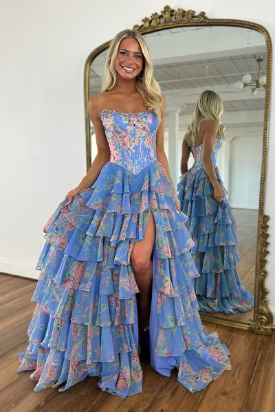 Cute A Line Strapless Dusty Blue Floral Chiffon Tiered Prom Dress with Beading AB25102901