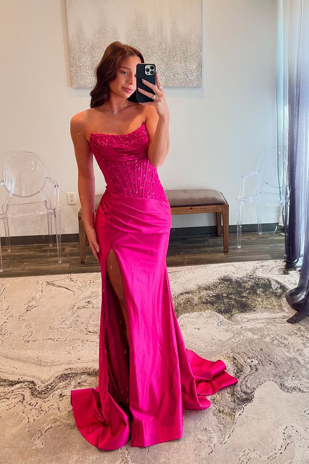 Charming Mermaid Scoop Neck Fuchsia Satin Long Prom Dress with Appliques AB24111408