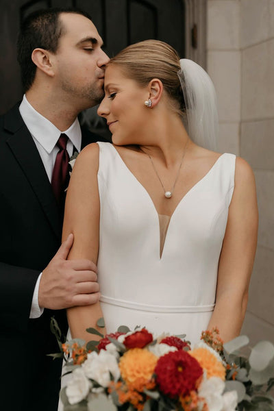 Simple Sheath V Neck Elastic Satin Long Wedding Dresses AB24101405