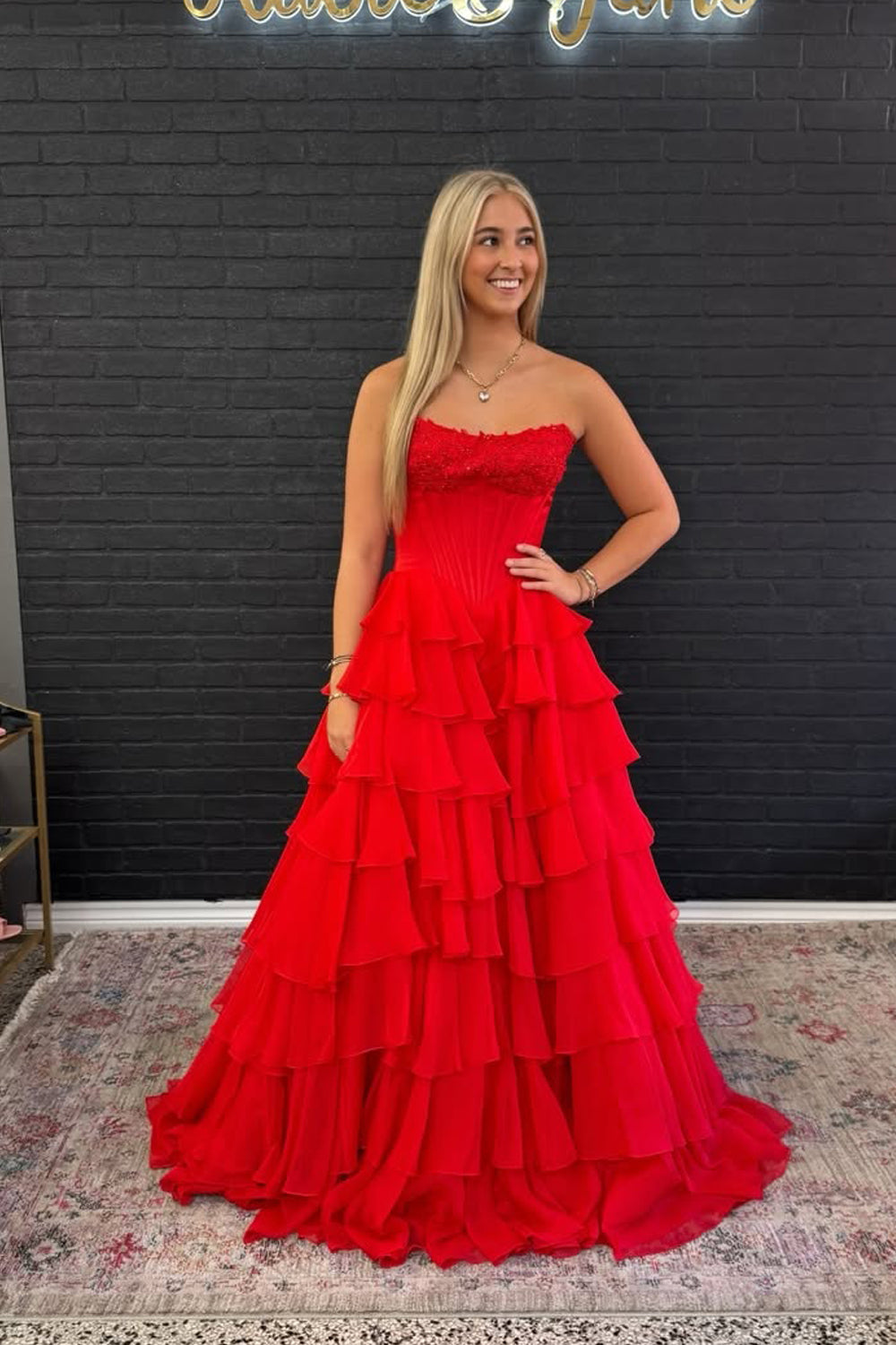 A Line Sweetheart Red Chiffon Tiered Prom Dress AB25101505