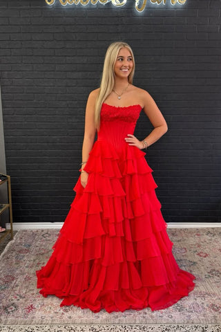 A Line Sweetheart Red Chiffon Tiered Prom Dress AB25101505