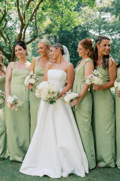 Sheath Square Neck Green Satin Long Bridesmaid Dress AB26102106