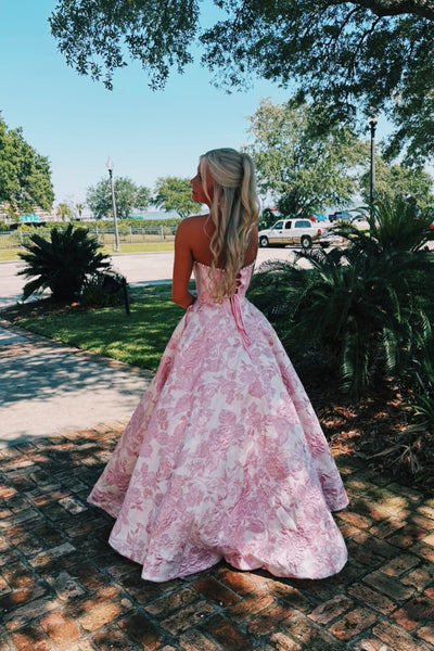 Gorgeous A Line Scoop Neck Pink Jacquard Satin Prom Dress with Pearls AB26050701