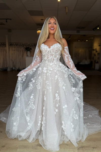 Gorgeous A Line Sweetheart Glitter Tulle Wedding Dress with Appliques AB26051701
