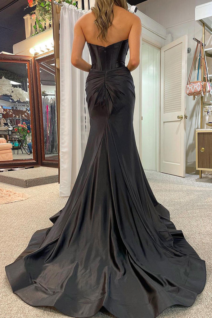 Charming Mermaid Sweetheart Black Satin Long Prom Dresses with Slit AB102304 Anniebride Charming Mermaid Sweetheart Black Satin Long Prom Dresses with Slit AB102304 Anniebride