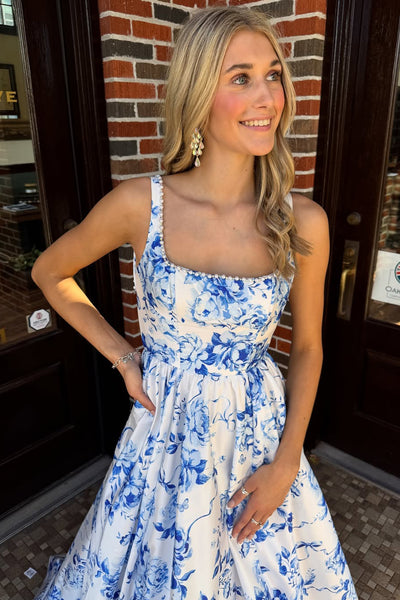 Charming A Line Square Neck Floral Satin Prom Dress with Pearls AB25112203