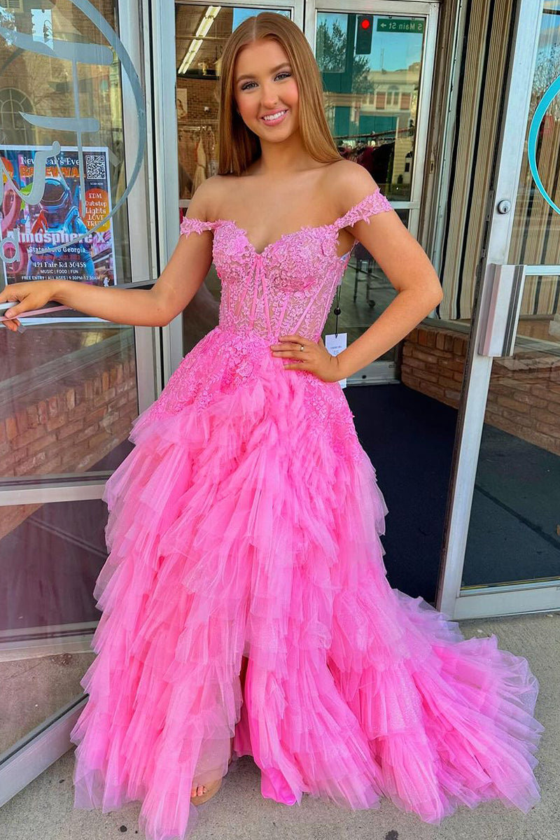 Charming A Line Off the Shoulder Pink Tiered Tulle Prom Dress AB4011002