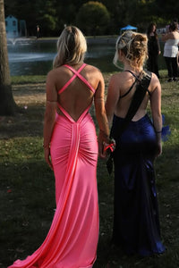 Charming Mermaid V Neck Hot Pink Elasitc Satin Prom Dress AB25092705
