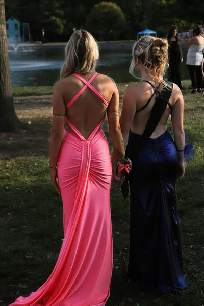 Charming Mermaid V Neck Hot Pink Elasitc Satin Prom Dress AB25092705