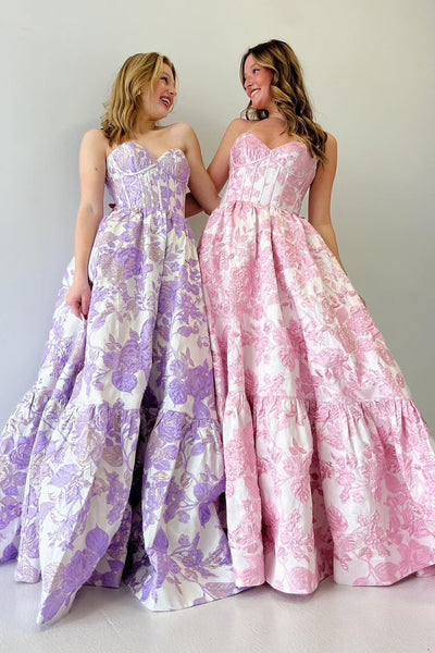 Pink Floral Printed Sweetheart A-Line Long Prom Dresses AB4030703