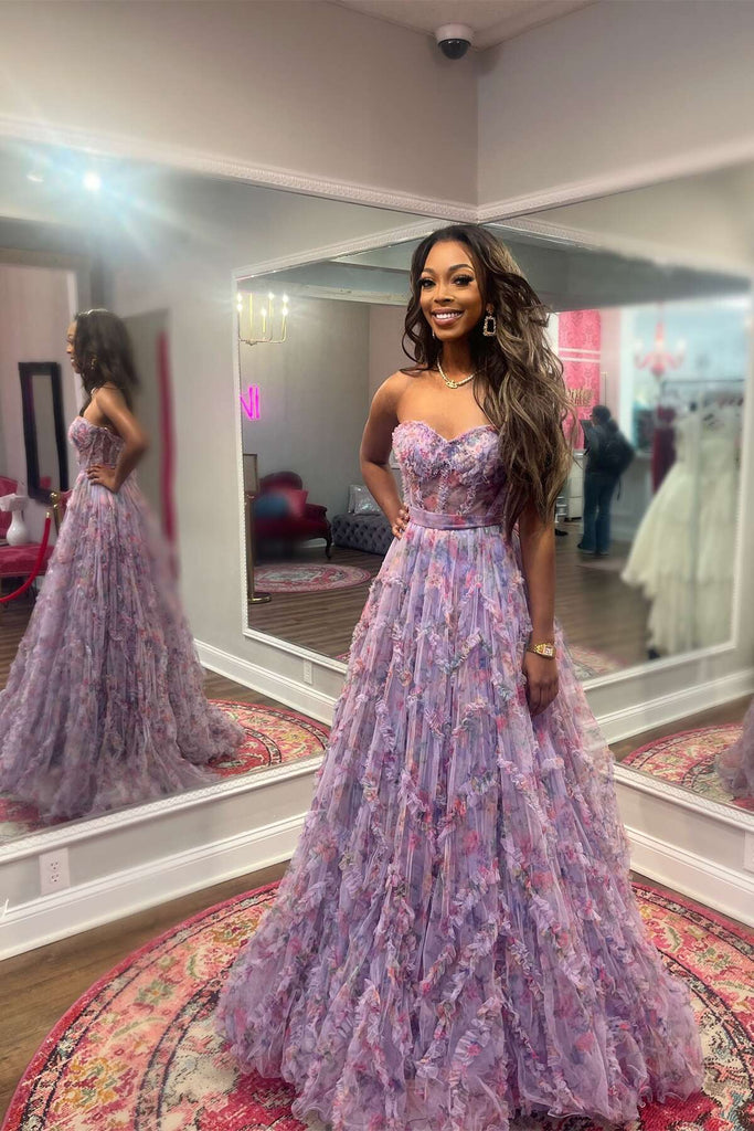 Cute A-Line Sweetheart Purple Floral Print Ruffle Long Prom Dress Anniebride Cute A-Line Sweetheart Purple Floral Print Ruffle Long Prom Dress Anniebride