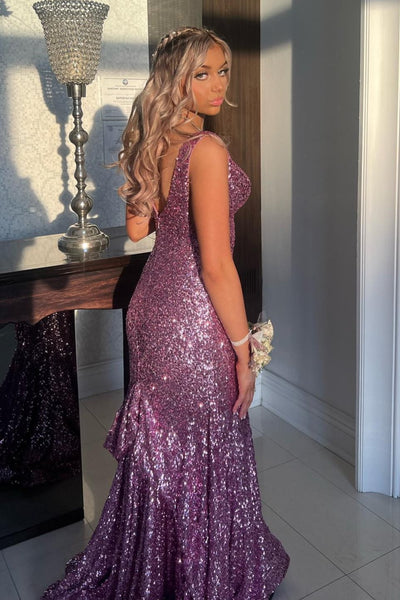 Charming Mermaid Sequins V-Neck Lilac Sequins Mermaid Evening Prom Dress