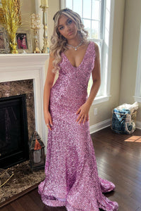 Charming Mermaid Sequins V-Neck Lilac Sequins Mermaid Evening Prom Dress