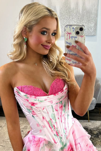 Gorgeous A Line Sweetheart Floral Chiffon Tiered Prom Dress with Appliques AB25112702