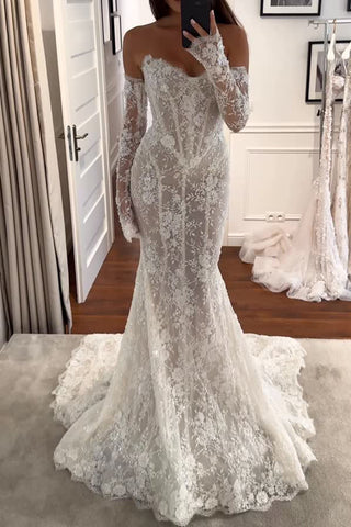 Gorgeous Mermaid V Neck Lace Long Wedding Dress with Beading AB25093005
