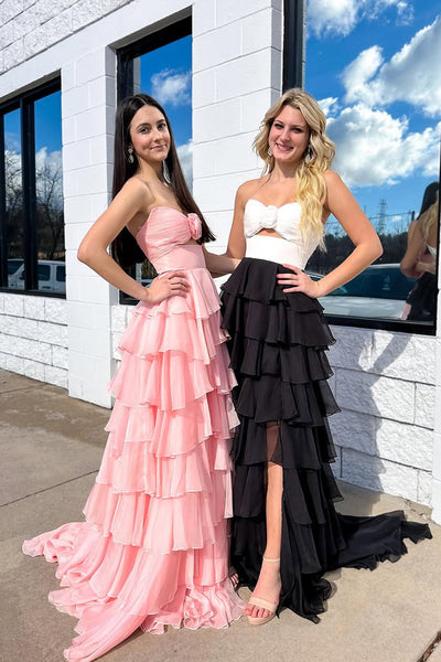 Cute A Line Sweetheart White Black Chiffon Tiered Long Prom Dress with Slit AB25012706