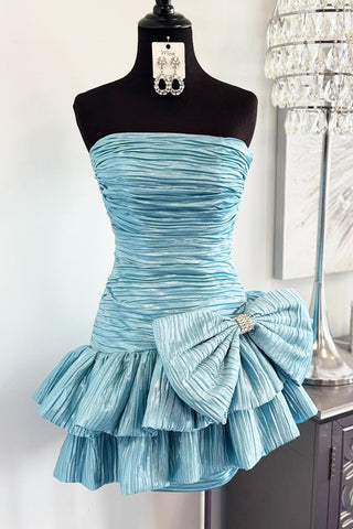 Cute Sheath Strapless Pleat Satin Homecoming Dress with Bow AB05060209