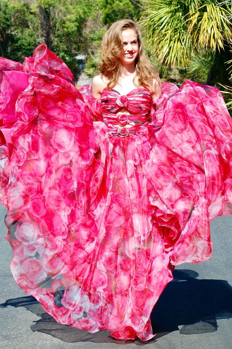 Pretty Strapless Floral Printed Long Prom Dress with Pockets AB4051403