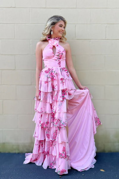 Fairy A Line Pink Chiffon Floral Print Satin Prom Dress with Slit AB25111203