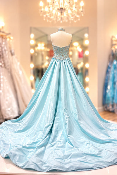 Gorgeous Ball Gown V Neck Light Blue Satin Prom Dress with Beading AB26102706
