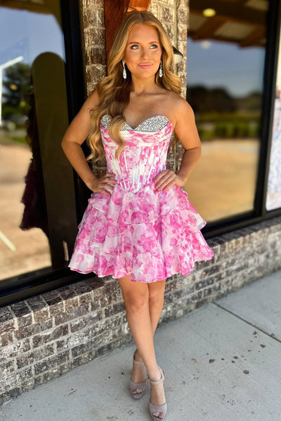 A Line Sweetheart Floral Chiffon Pink Tiered Homecoming Dress with Beading AB25052834