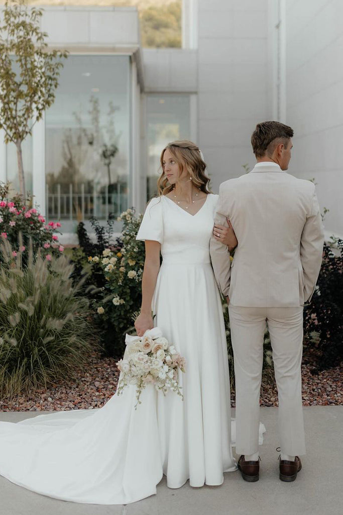 Fairy A Line V Scoop Satin Long Wedding Dresses with Ruffled Sleeves AB24101007 Anniebride Fairy A Line V Scoop Satin Long Wedding Dresses with Ruffled Sleeves AB24101007 Anniebride