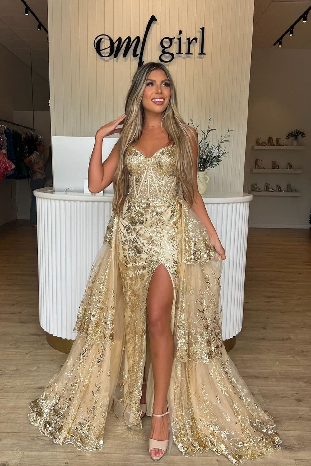Charming Mermaid Sweetheart Gold Sequins Lace Prom Dresses with Slit AB24092107