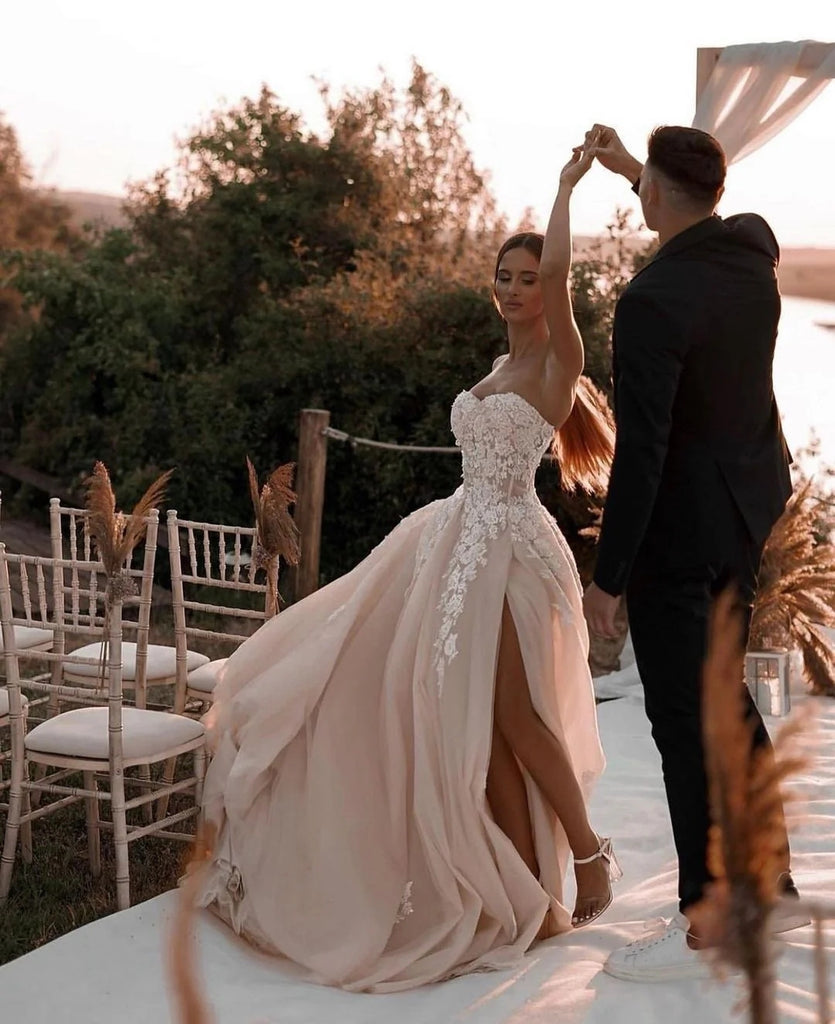 Elegant Ball Gown Sweetheart Dark Champagne Wedding Dresses with Appliques AB24063005 Anniebride Elegant Ball Gown Sweetheart Dark Champagne Wedding Dresses with Appliques AB24063005 Anniebride