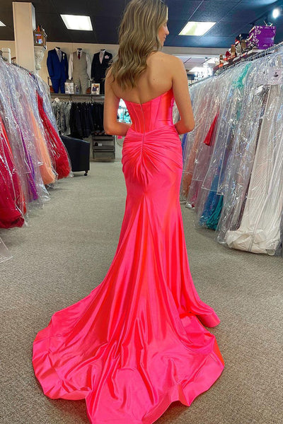 Charming Mermaid Sweetheart Hot Pink Satin Long Prom Dress with Slit AB120604